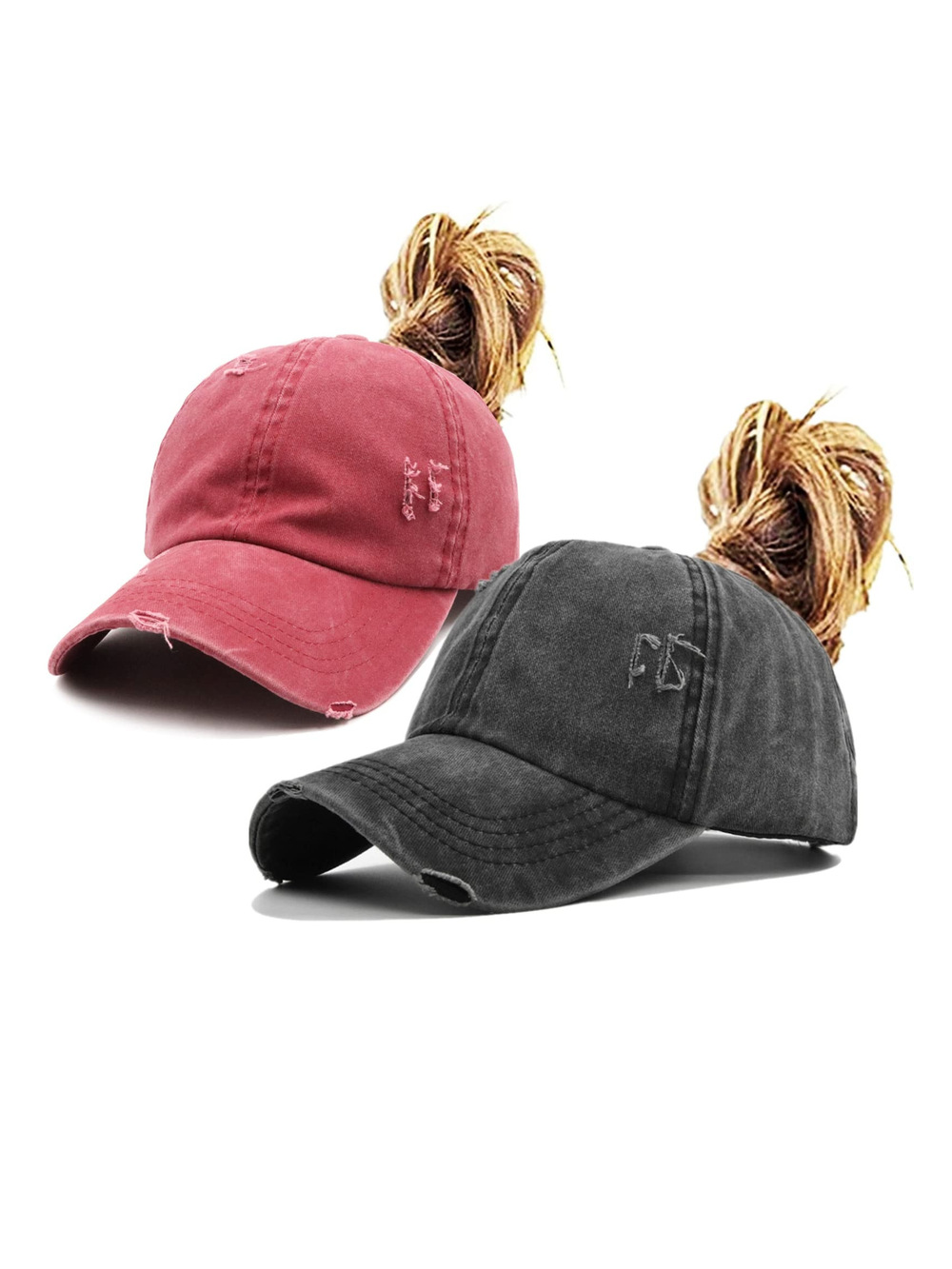 Womens High Ponytail Messy Bun | 2 Hats, Distressed Black, Wine | Size OS